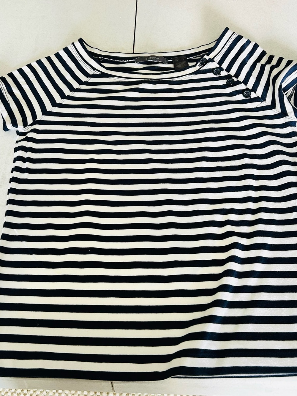 Liz Claiborne Black & White Striped Boatneck Short Sleeve Top